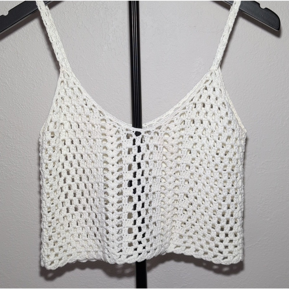 Ivory Crochet Cotton Crop Tank Top Spaghetti Straps Women's Boho Y2K style Small